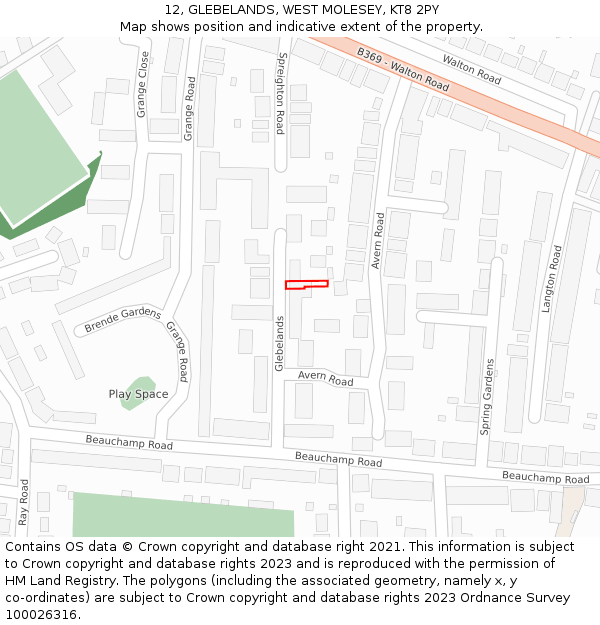 12, GLEBELANDS, WEST MOLESEY, KT8 2PY: Location map and indicative extent of plot