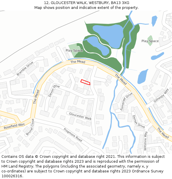 12, GLOUCESTER WALK, WESTBURY, BA13 3XG: Location map and indicative extent of plot