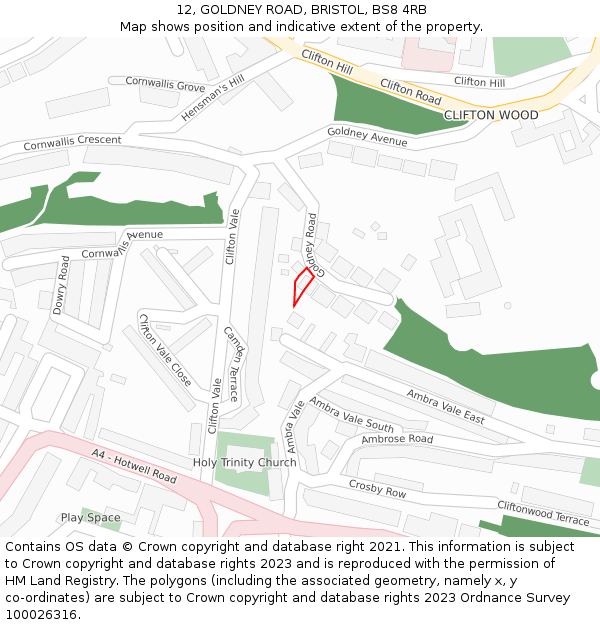 12, GOLDNEY ROAD, BRISTOL, BS8 4RB: Location map and indicative extent of plot