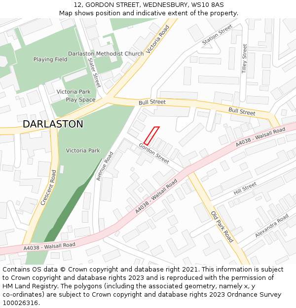12, GORDON STREET, WEDNESBURY, WS10 8AS: Location map and indicative extent of plot