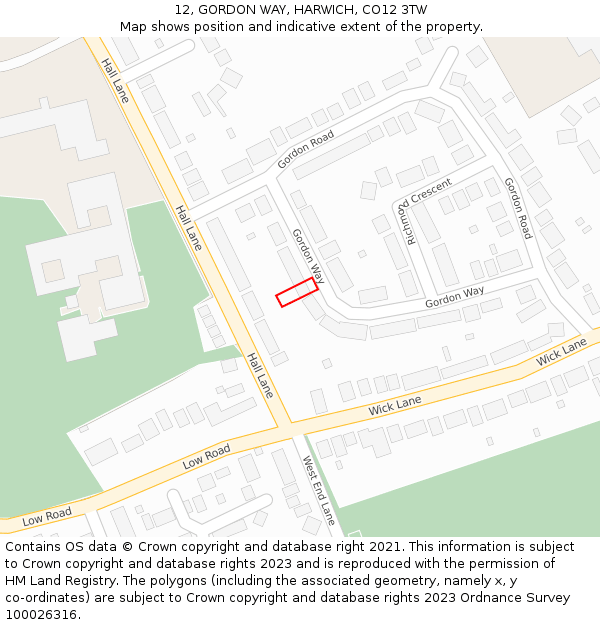 12, GORDON WAY, HARWICH, CO12 3TW: Location map and indicative extent of plot