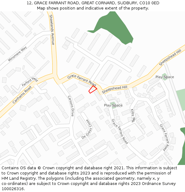 12, GRACE FARRANT ROAD, GREAT CORNARD, SUDBURY, CO10 0ED: Location map and indicative extent of plot