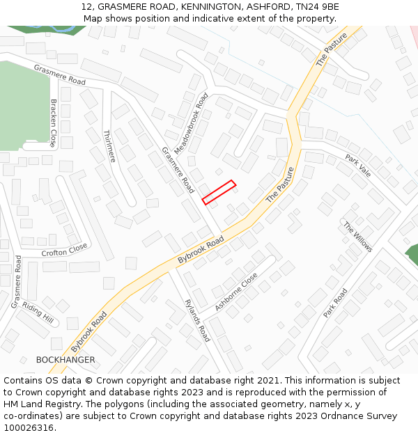 12, GRASMERE ROAD, KENNINGTON, ASHFORD, TN24 9BE: Location map and indicative extent of plot