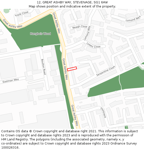 12, GREAT ASHBY WAY, STEVENAGE, SG1 6AW: Location map and indicative extent of plot