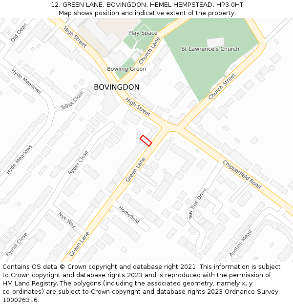 12, GREEN LANE, BOVINGDON, HEMEL HEMPSTEAD, HP3 0HT: Location map and indicative extent of plot