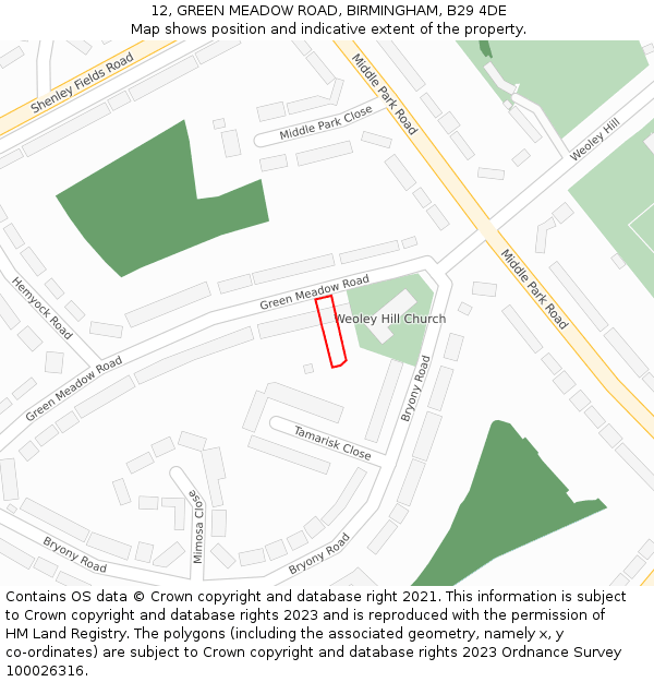 12, GREEN MEADOW ROAD, BIRMINGHAM, B29 4DE: Location map and indicative extent of plot