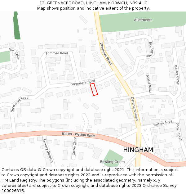 12, GREENACRE ROAD, HINGHAM, NORWICH, NR9 4HG: Location map and indicative extent of plot