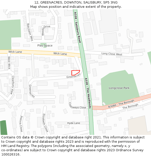 12, GREENACRES, DOWNTON, SALISBURY, SP5 3NG: Location map and indicative extent of plot