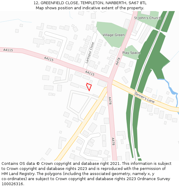 12, GREENFIELD CLOSE, TEMPLETON, NARBERTH, SA67 8TL: Location map and indicative extent of plot