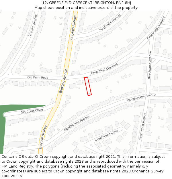 12, GREENFIELD CRESCENT, BRIGHTON, BN1 8HJ: Location map and indicative extent of plot