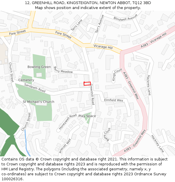 12, GREENHILL ROAD, KINGSTEIGNTON, NEWTON ABBOT, TQ12 3BD: Location map and indicative extent of plot