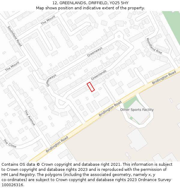 12, GREENLANDS, DRIFFIELD, YO25 5HY: Location map and indicative extent of plot