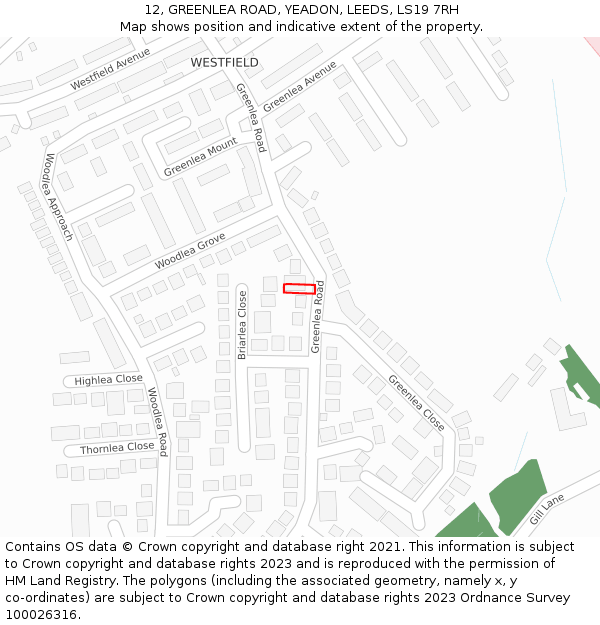 12, GREENLEA ROAD, YEADON, LEEDS, LS19 7RH: Location map and indicative extent of plot