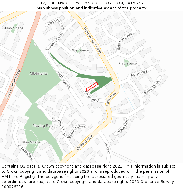 12, GREENWOOD, WILLAND, CULLOMPTON, EX15 2SY: Location map and indicative extent of plot