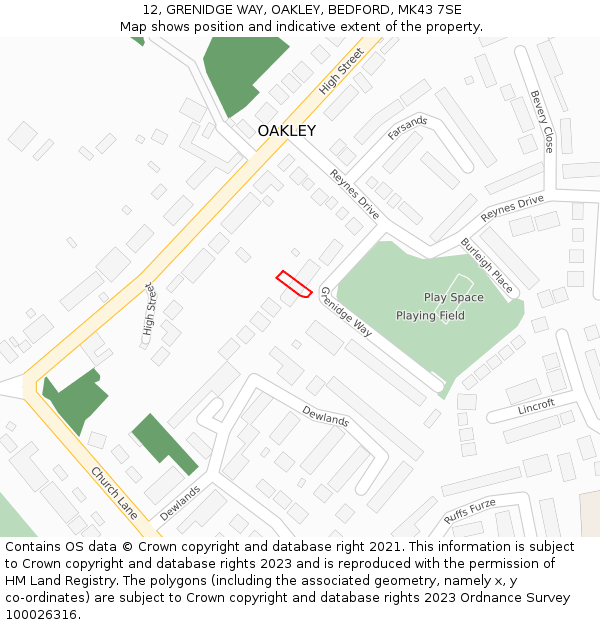 12, GRENIDGE WAY, OAKLEY, BEDFORD, MK43 7SE: Location map and indicative extent of plot