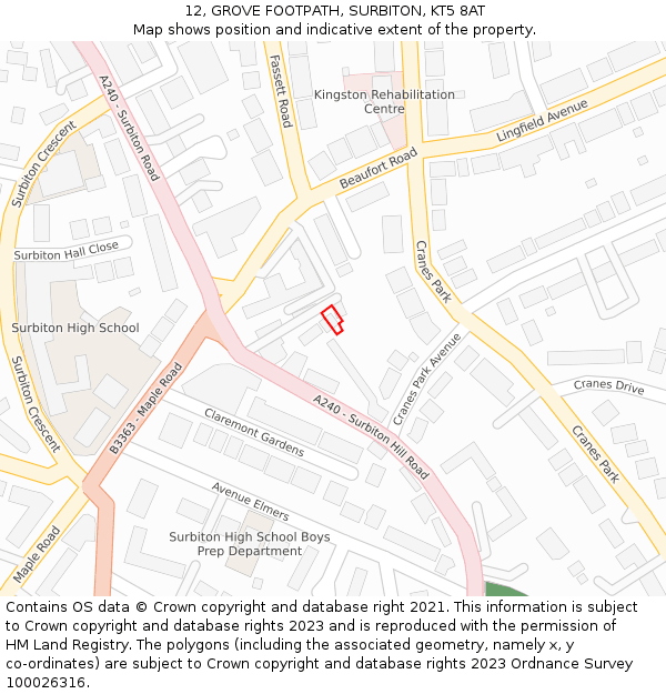 12, GROVE FOOTPATH, SURBITON, KT5 8AT: Location map and indicative extent of plot