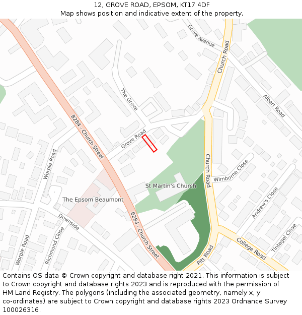 12, GROVE ROAD, EPSOM, KT17 4DF: Location map and indicative extent of plot