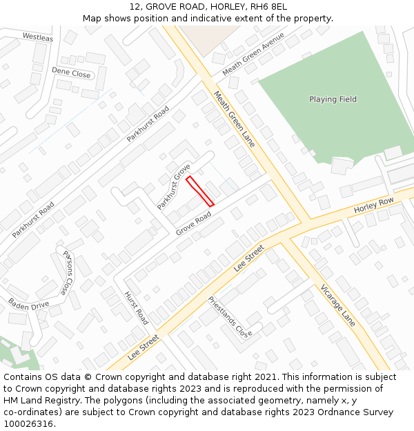 12, GROVE ROAD, HORLEY, RH6 8EL: Location map and indicative extent of plot