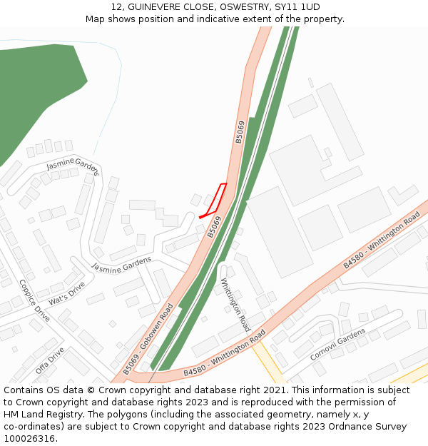 12, GUINEVERE CLOSE, OSWESTRY, SY11 1UD: Location map and indicative extent of plot