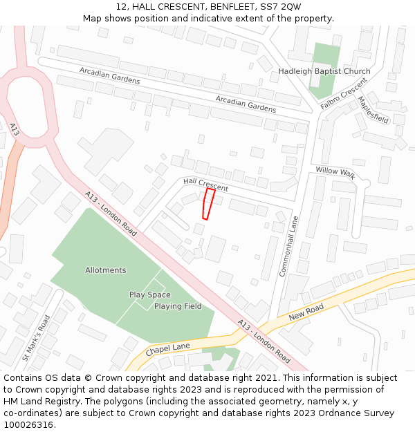 12, HALL CRESCENT, BENFLEET, SS7 2QW: Location map and indicative extent of plot