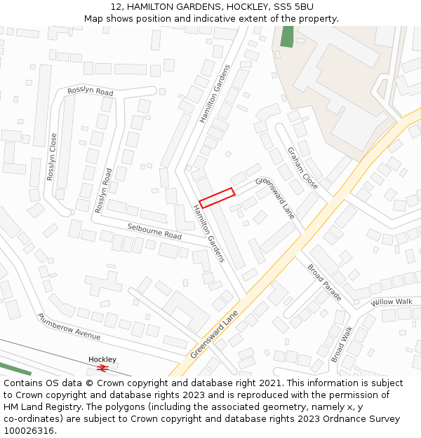 12, HAMILTON GARDENS, HOCKLEY, SS5 5BU: Location map and indicative extent of plot