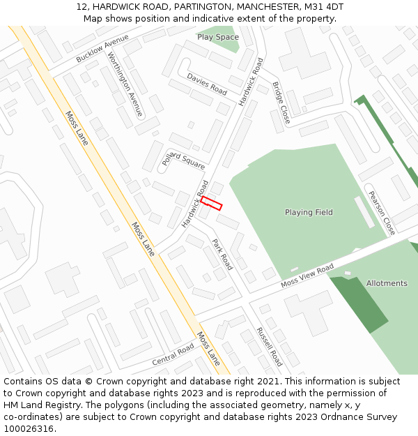 12, HARDWICK ROAD, PARTINGTON, MANCHESTER, M31 4DT: Location map and indicative extent of plot