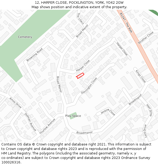 12, HARPER CLOSE, POCKLINGTON, YORK, YO42 2GW: Location map and indicative extent of plot