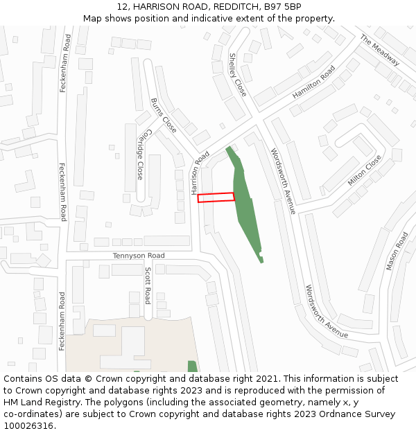 12, HARRISON ROAD, REDDITCH, B97 5BP: Location map and indicative extent of plot