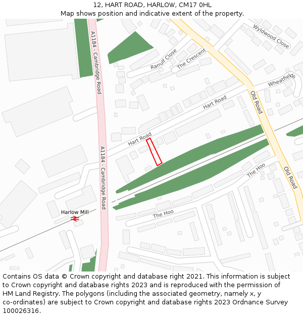 12, HART ROAD, HARLOW, CM17 0HL: Location map and indicative extent of plot