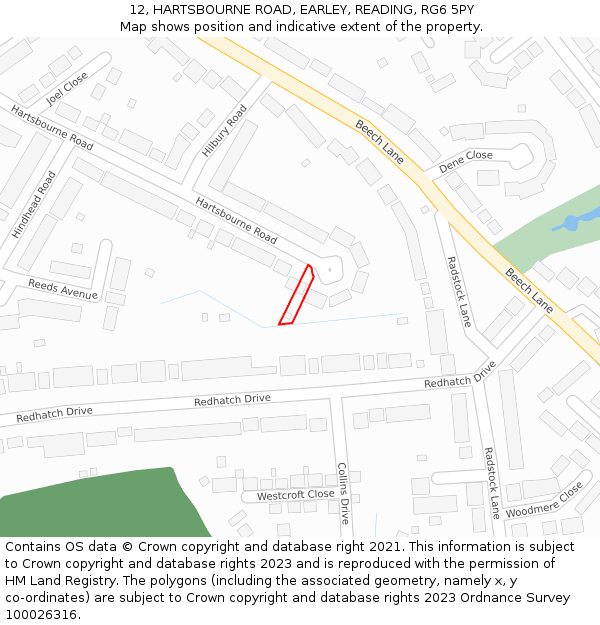 12, HARTSBOURNE ROAD, EARLEY, READING, RG6 5PY: Location map and indicative extent of plot