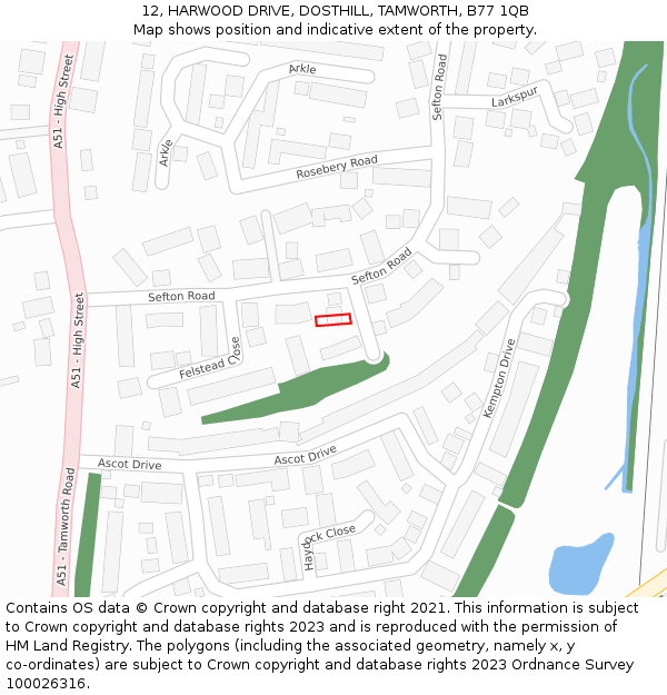 12, HARWOOD DRIVE, DOSTHILL, TAMWORTH, B77 1QB: Location map and indicative extent of plot