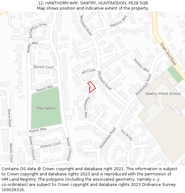 12, HAWTHORN WAY, SAWTRY, HUNTINGDON, PE28 5QB: Location map and indicative extent of plot