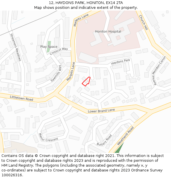 12, HAYDONS PARK, HONITON, EX14 2TA: Location map and indicative extent of plot