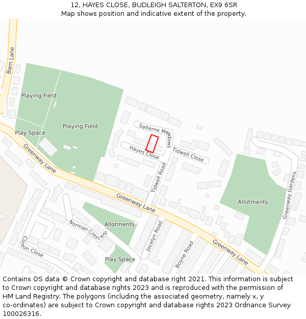 12, HAYES CLOSE, BUDLEIGH SALTERTON, EX9 6SR: Location map and indicative extent of plot