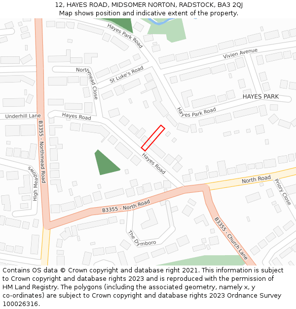 12, HAYES ROAD, MIDSOMER NORTON, RADSTOCK, BA3 2QJ: Location map and indicative extent of plot