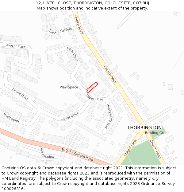 12, HAZEL CLOSE, THORRINGTON, COLCHESTER, CO7 8HJ: Location map and indicative extent of plot