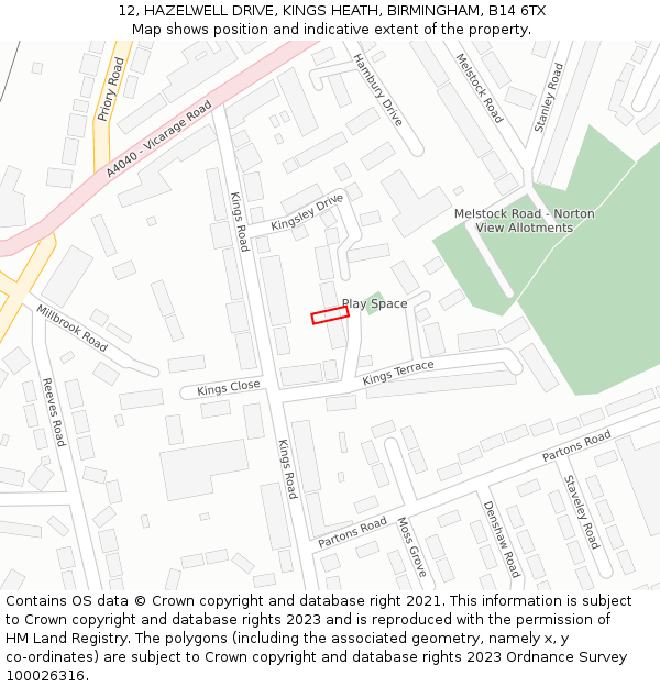 12, HAZELWELL DRIVE, KINGS HEATH, BIRMINGHAM, B14 6TX: Location map and indicative extent of plot