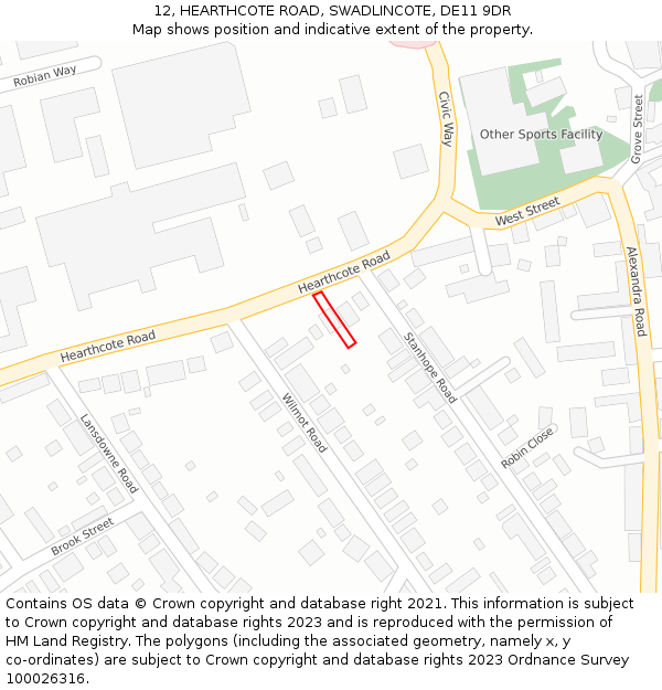 12, HEARTHCOTE ROAD, SWADLINCOTE, DE11 9DR: Location map and indicative extent of plot