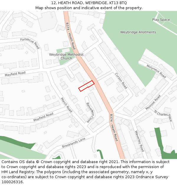 12, HEATH ROAD, WEYBRIDGE, KT13 8TQ: Location map and indicative extent of plot