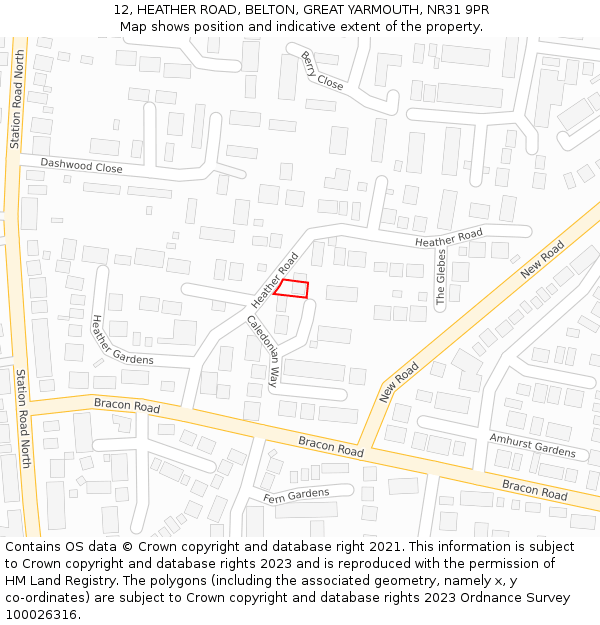 12, HEATHER ROAD, BELTON, GREAT YARMOUTH, NR31 9PR: Location map and indicative extent of plot