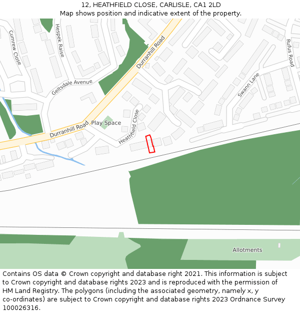 12, HEATHFIELD CLOSE, CARLISLE, CA1 2LD: Location map and indicative extent of plot