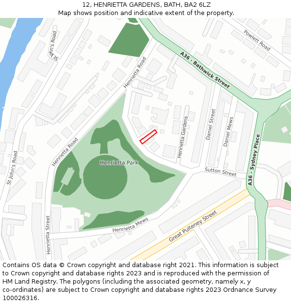 12, HENRIETTA GARDENS, BATH, BA2 6LZ: Location map and indicative extent of plot