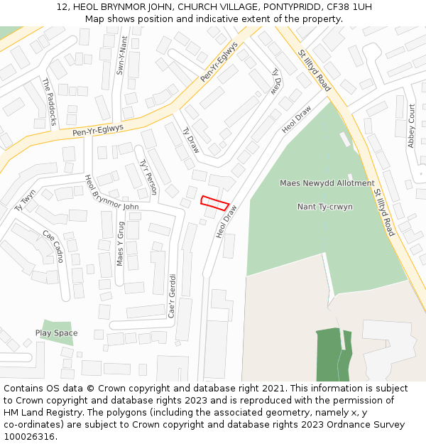 12, HEOL BRYNMOR JOHN, CHURCH VILLAGE, PONTYPRIDD, CF38 1UH: Location map and indicative extent of plot