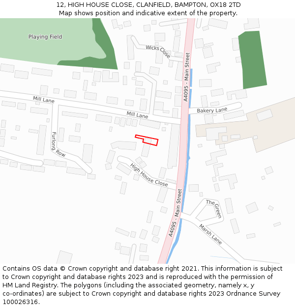 12, HIGH HOUSE CLOSE, CLANFIELD, BAMPTON, OX18 2TD: Location map and indicative extent of plot