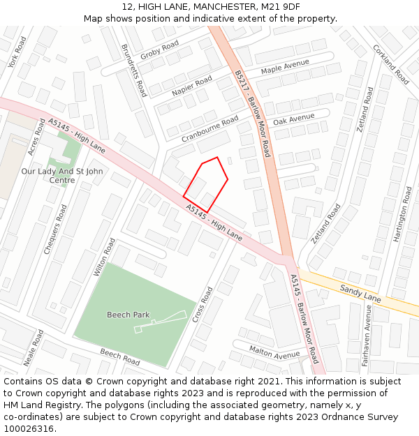 12, HIGH LANE, MANCHESTER, M21 9DF: Location map and indicative extent of plot