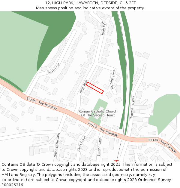 12, HIGH PARK, HAWARDEN, DEESIDE, CH5 3EF: Location map and indicative extent of plot