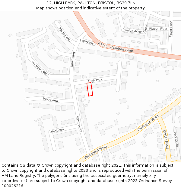 12, HIGH PARK, PAULTON, BRISTOL, BS39 7LN: Location map and indicative extent of plot