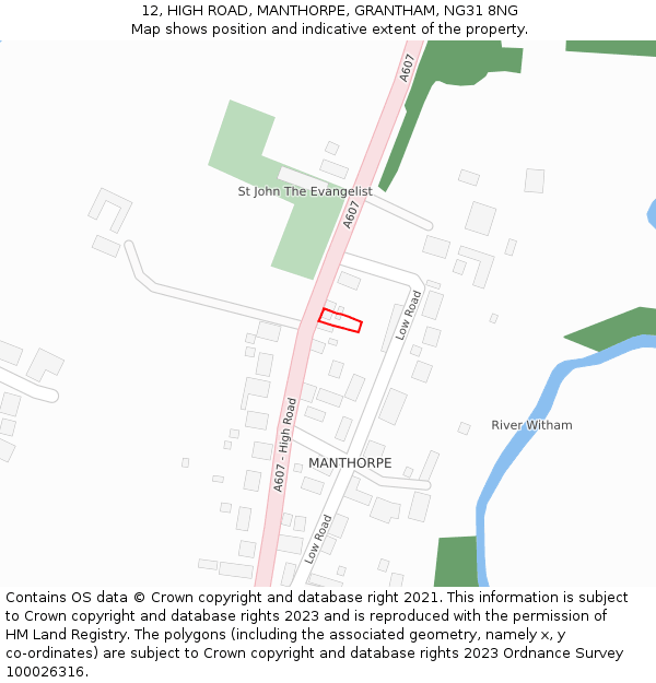 12, HIGH ROAD, MANTHORPE, GRANTHAM, NG31 8NG: Location map and indicative extent of plot