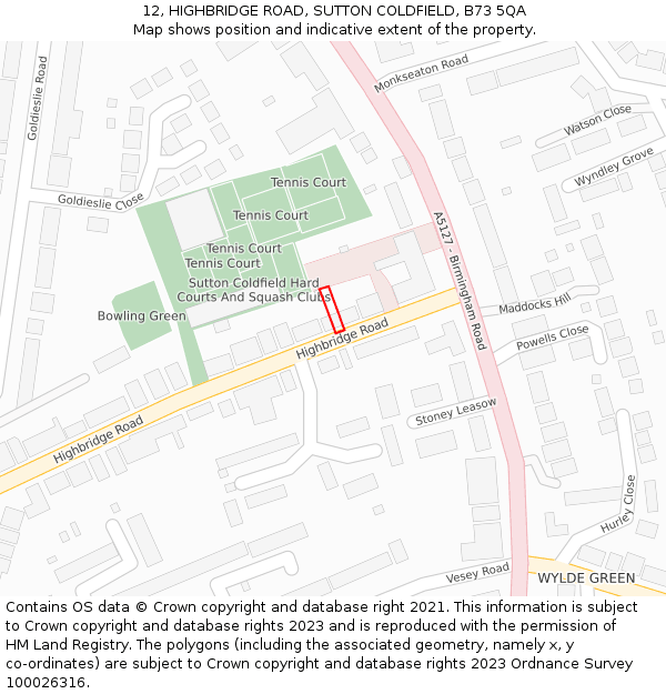 12, HIGHBRIDGE ROAD, SUTTON COLDFIELD, B73 5QA: Location map and indicative extent of plot