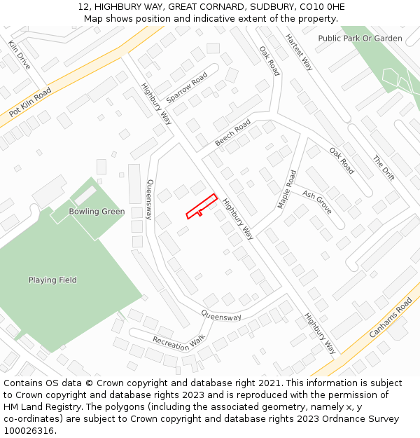 12, HIGHBURY WAY, GREAT CORNARD, SUDBURY, CO10 0HE: Location map and indicative extent of plot